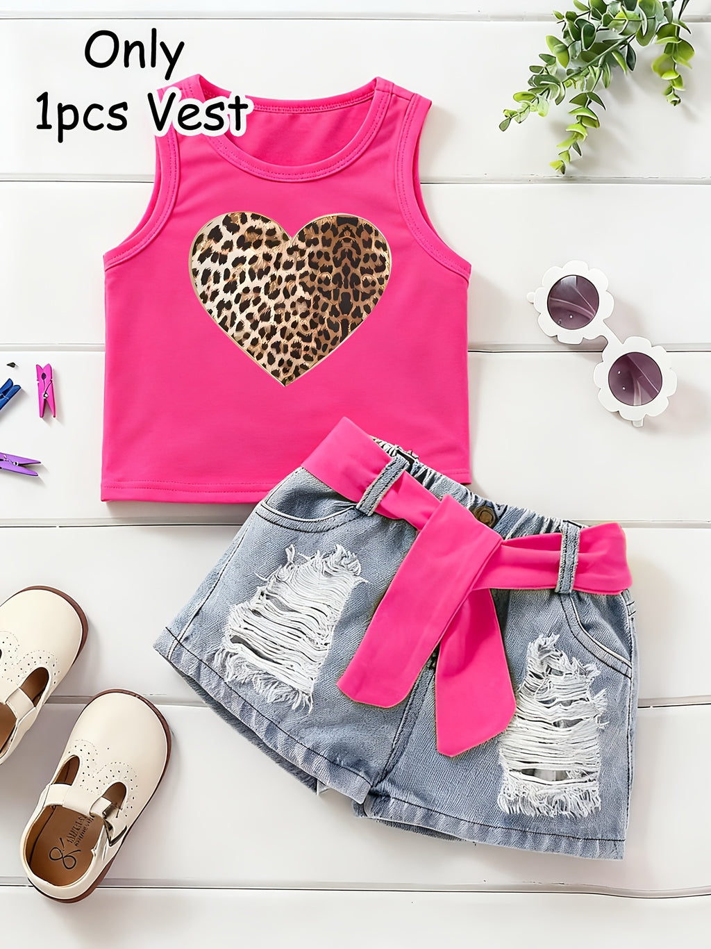 Camiseta sin Mangas Rosa con Corazón de Leopardo para Niña