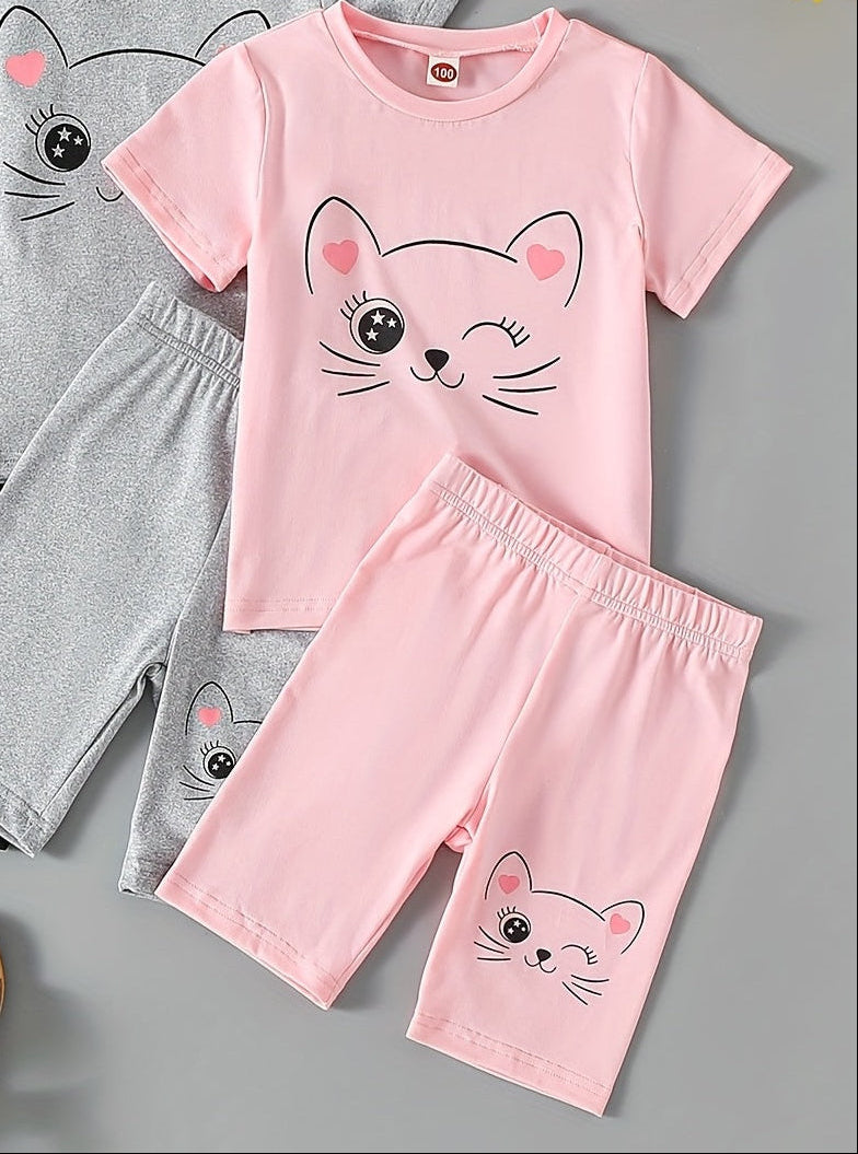 Conjunto de Camiseta y Pantalón Corto con Diseño de Gatito para Niñas