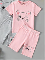 Conjunto de Camiseta y Pantalón Corto con Diseño de Gatito para Niñas