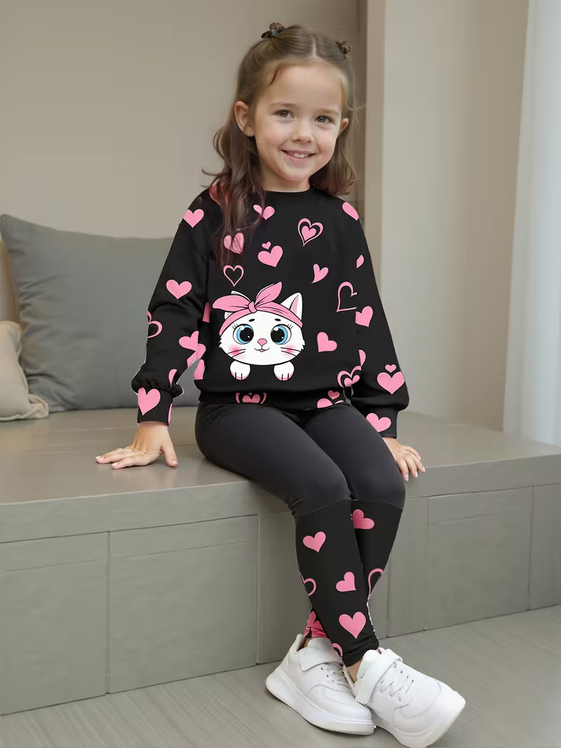 Conjunto "Sweet Kitty" Sudadera y Leggings de Corazones para Niñas