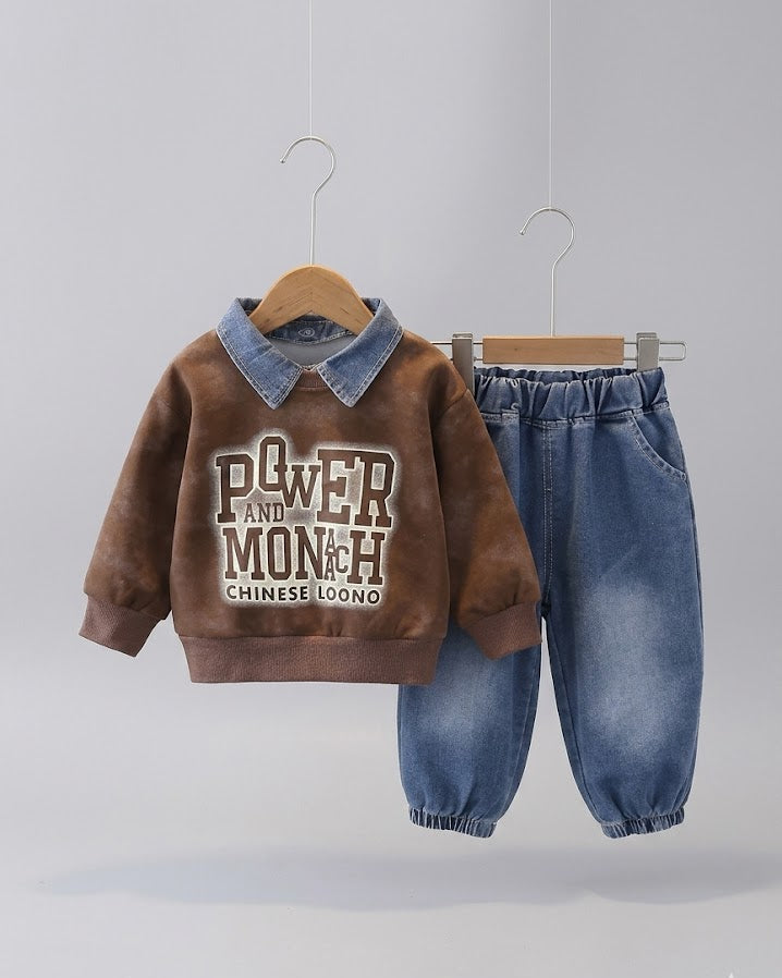 Conjunto niño 2 piezas sudadera con cuello vaquero y pantalón denim en España