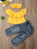 Conjunto Chic de 3 Piezas: Top con Volantes, Jeans Rasgados y Diadema a Juego