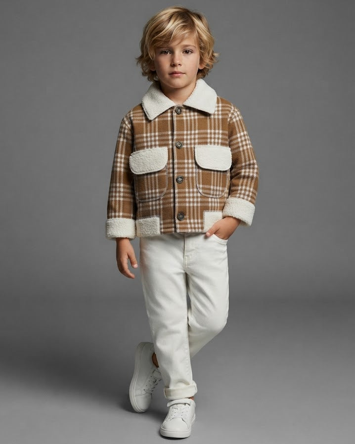 Conjunto Infantil de Cuadros con Chaqueta de Borreguito y Pantalón Blanco