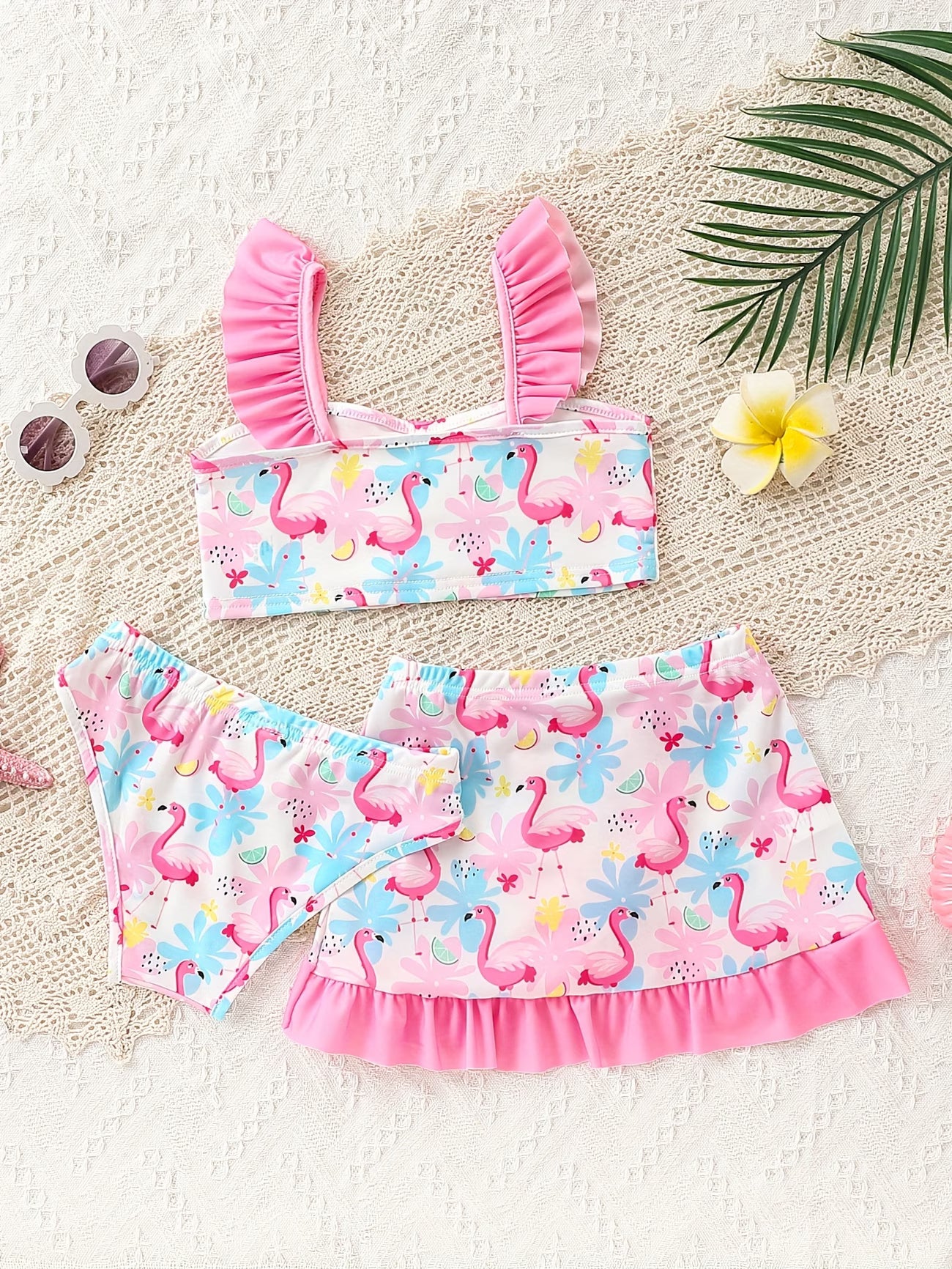 Set de baño de 3 piezas con estampado tropical de flamencos