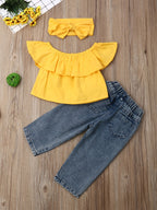 Conjunto Chic de 3 Piezas: Top con Volantes, Jeans Rasgados y Diadema a Juego