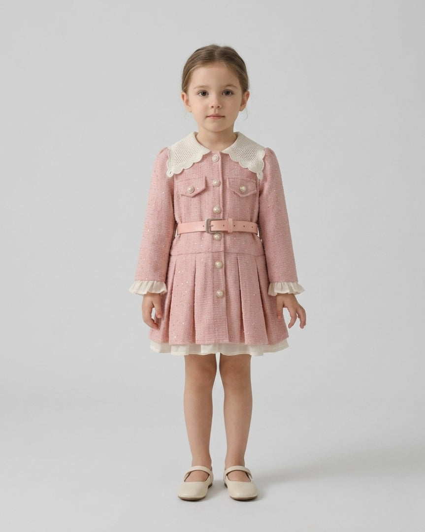 Vestido niña elegante de invierno con cinturón y cuello decorado ropa niña invierno,Ideal para clima otoñal en España