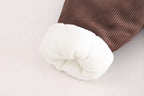 Brown corduroy kids pants with cozy white fleece lining, soft and warm for children's comfort.