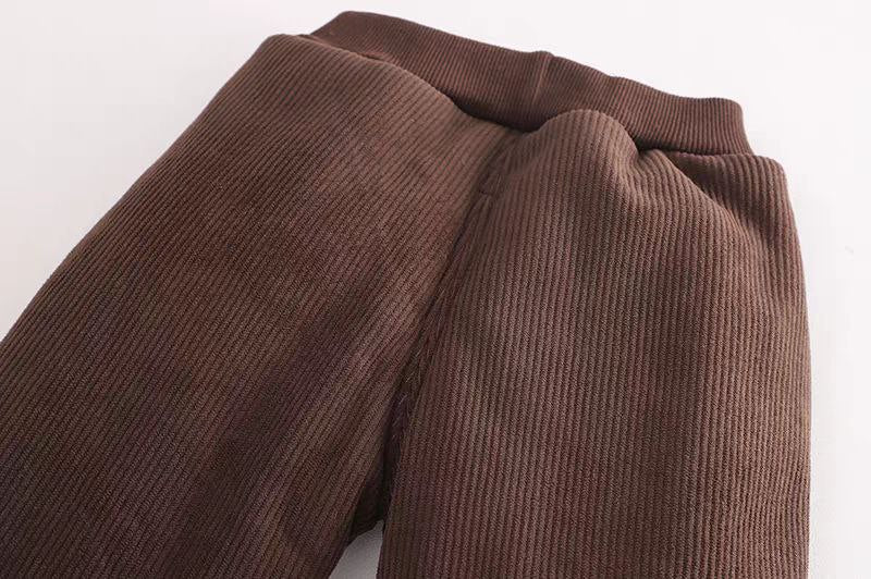 Brown ribbed kids pants, soft cotton blend, cozy fit for children's everyday wear