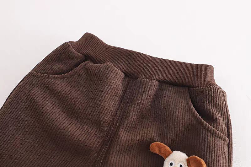Brown corduroy kids pants with cute animal appliqué, soft and cozy for children's wear