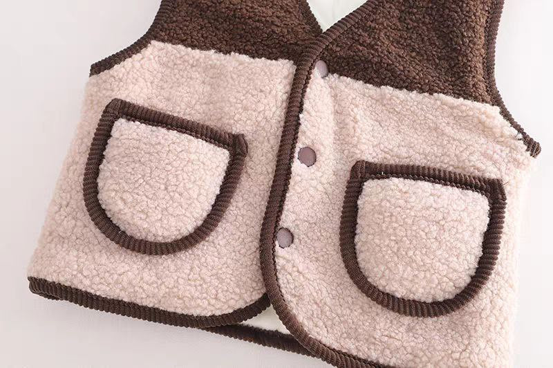 Soft toddler fleece vest with brown trim and front pockets, cozy kids outerwear