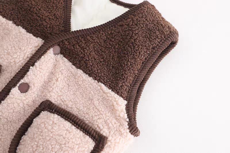 Soft toddler fleece vest with brown trim and buttons, cozy kids outerwear