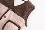 Soft toddler fleece vest with brown trim and buttons, cozy kids outerwear