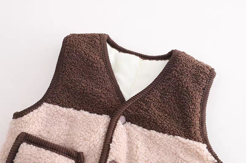 Brown and cream kids fleece vest with cozy texture and front buttons, perfect for warm children's wear.