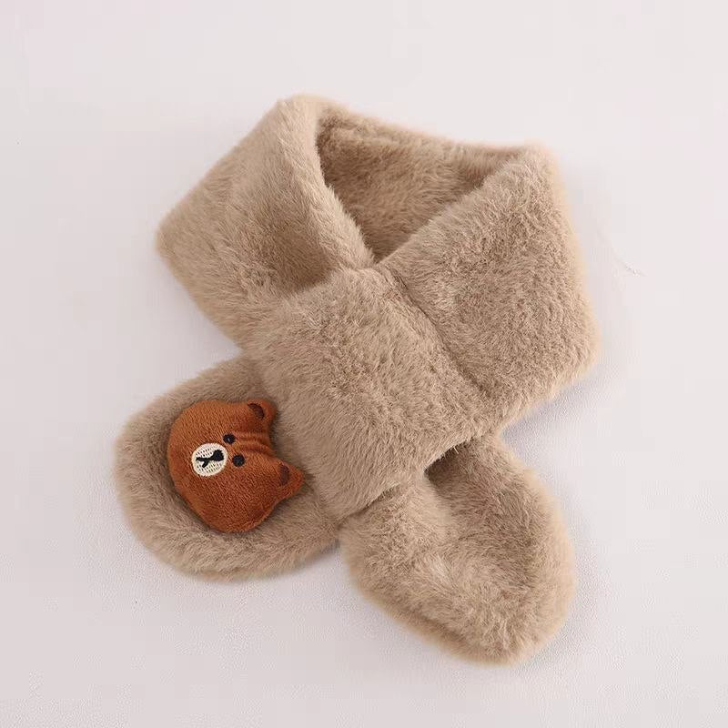 Soft beige kids scarf with cute bear face, cozy winter accessory for children