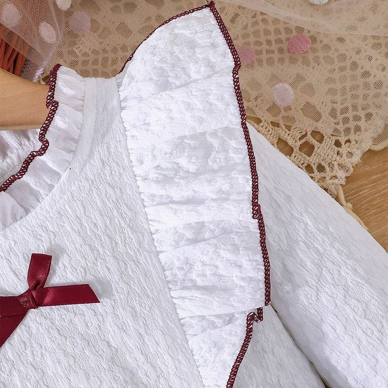 Conjunto de 2 piezas: blusa blanca con volantes y falda de pana con lazo 🤍🎀