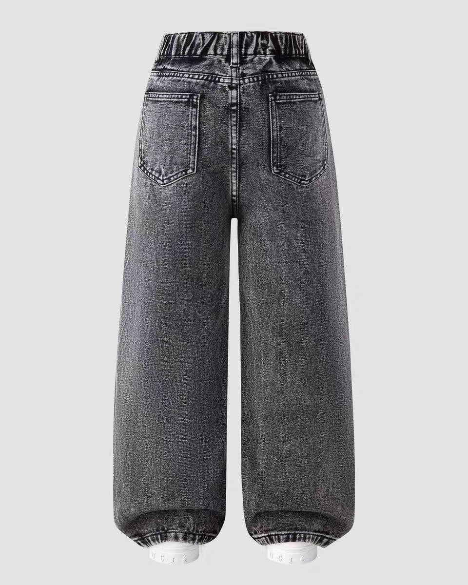 Jeans de Niña de Pierna Ancha con Flores Bordadas Cómodos,