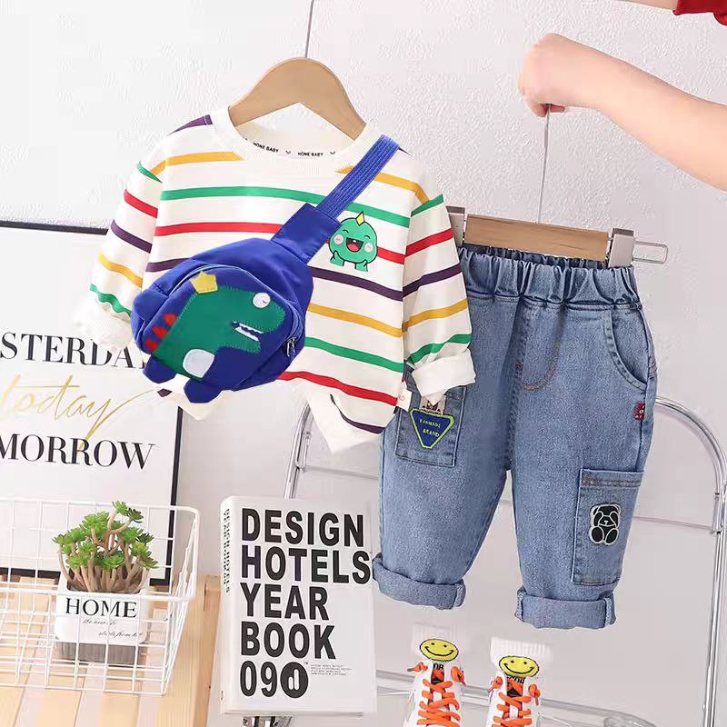 Conjunto de 3 Piezas con Rayas Arcoíris y Bolso de Dinosaurio