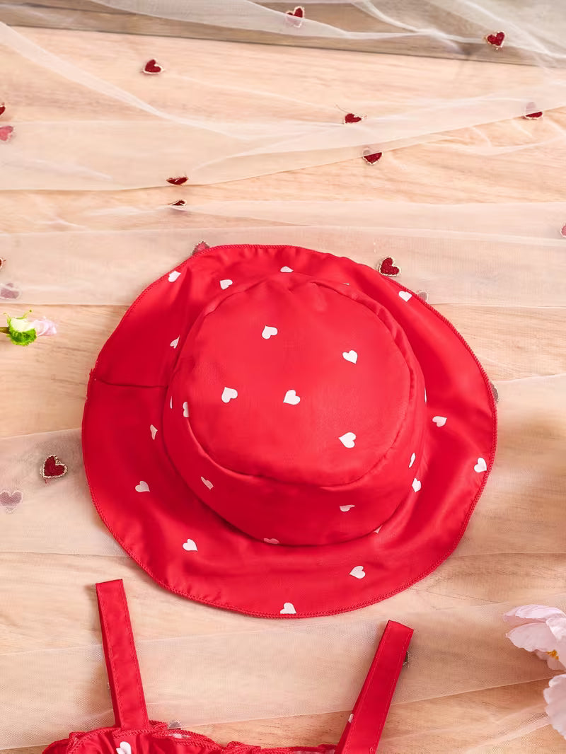 Conjunto de verano para niña con vestido de corazones y sombrero