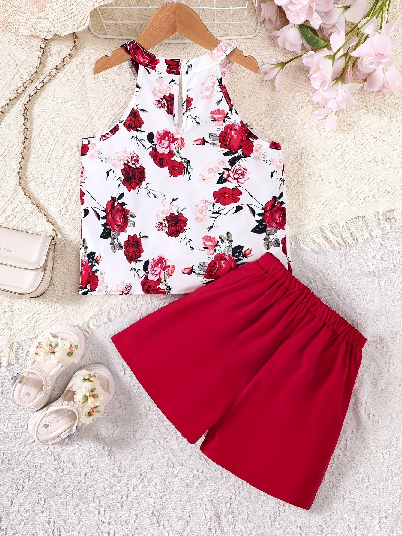 Conjunto de 2 Piezas: Top Floral y Short Rojo para Niñas
