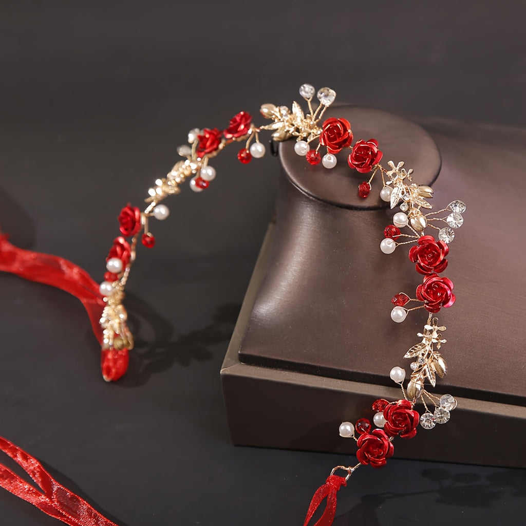 Diadema para el cabello con diseño de flores y perlas