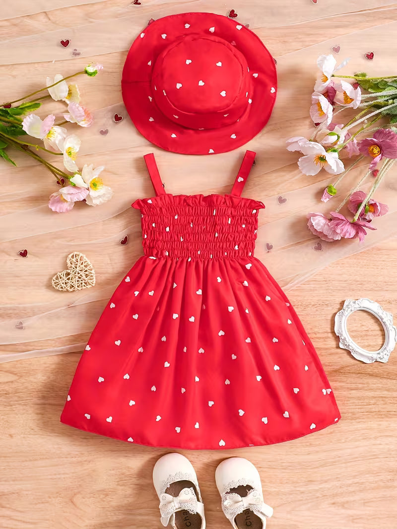 Conjunto de verano para niña con vestido de corazones y sombrero