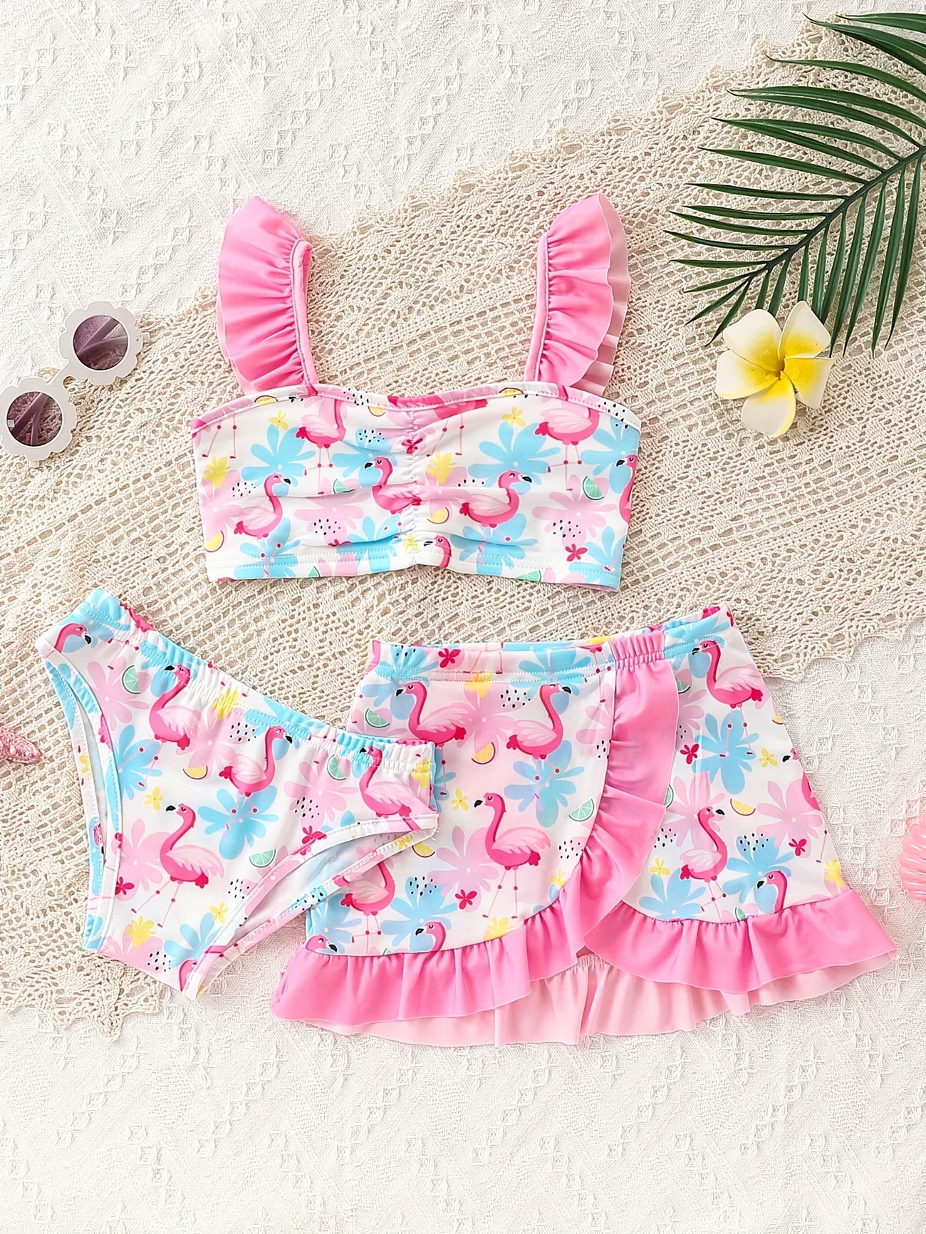 Set de baño de 3 piezas con estampado tropical de flamencos