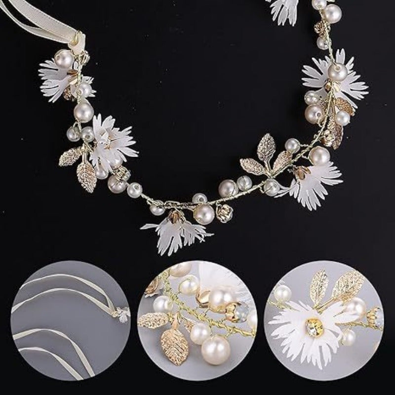 Diadema para el cabello con diseño de flores y perlas