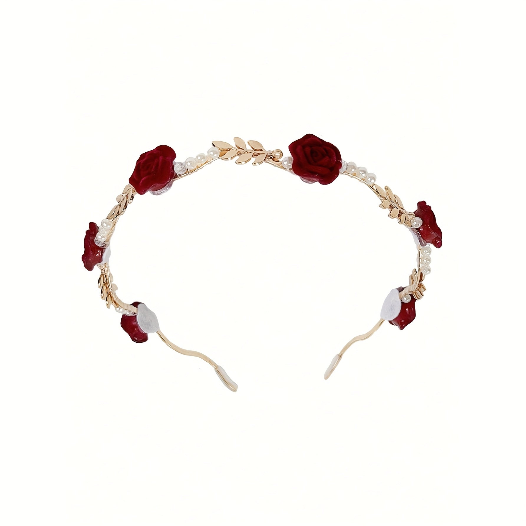 Diadema para niñas con flores, perlas y hojas doradas