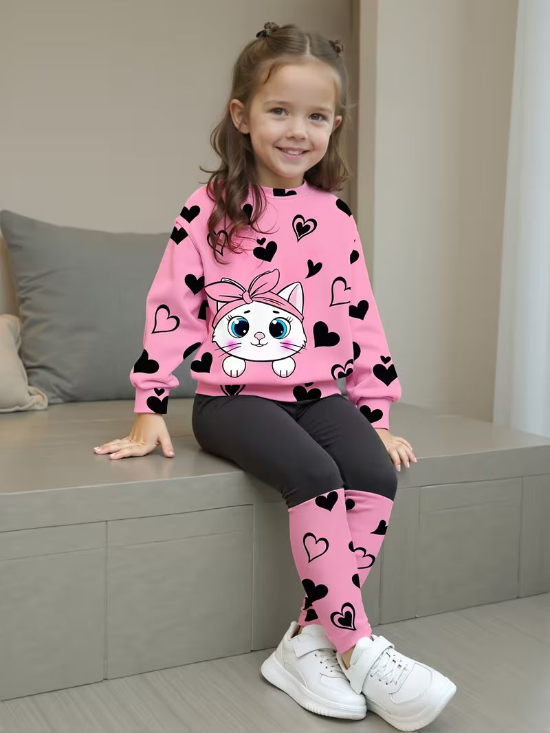 Conjunto "Sweet Kitty" Sudadera y Leggings de Corazones para Niñas