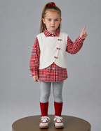 Conjunto Niña 3 Piezas Elegante Cuadros Rojos y Suéter Crema