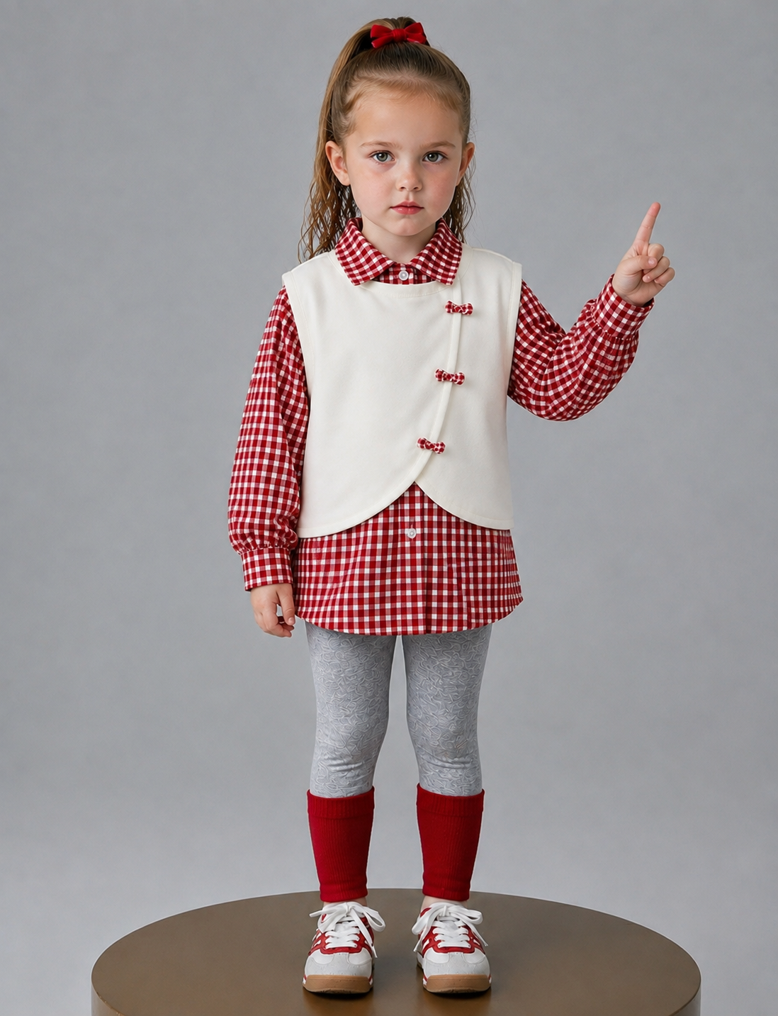 Conjunto Niña 3 Piezas Elegante Cuadros Rojos y Suéter Crema