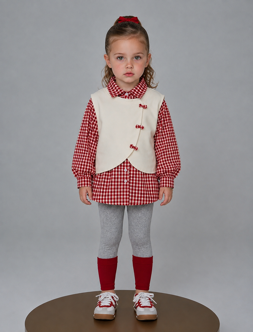 Conjunto Niña 3 Piezas Elegante Cuadros Rojos y Suéter Crema