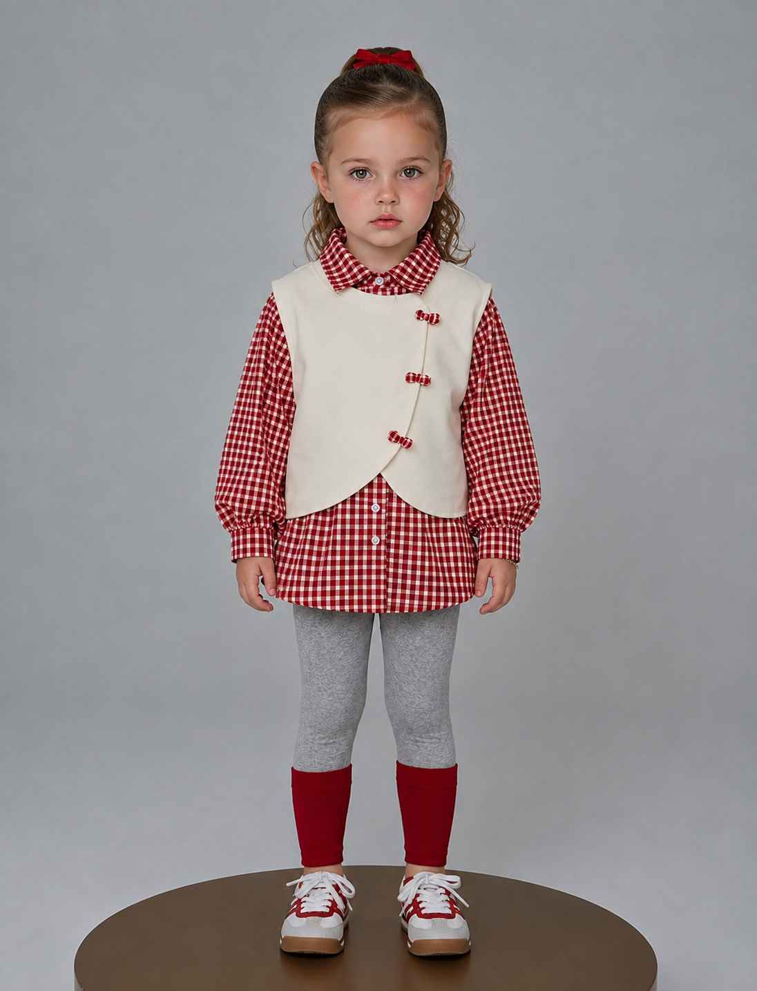 Conjunto Niña 3 Piezas Elegante Cuadros Rojos y Suéter Crema