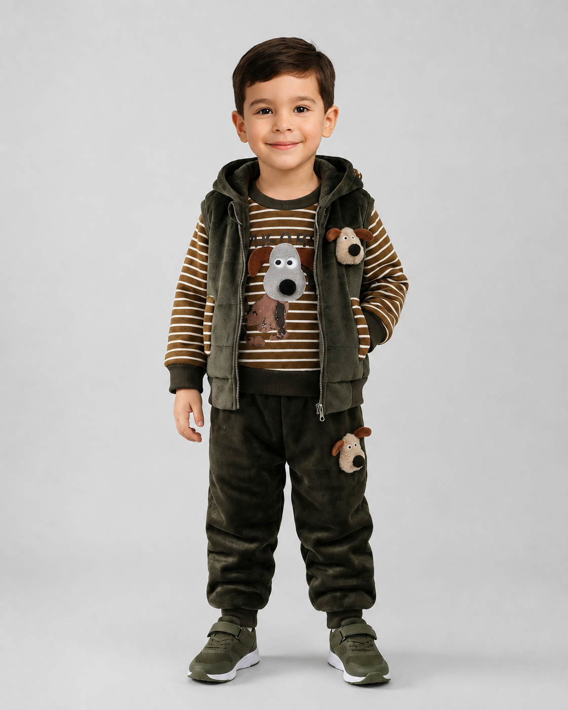 Conjunto Niño Invierno 3 Piezas Osito Bordado y Chaleco con Capucha