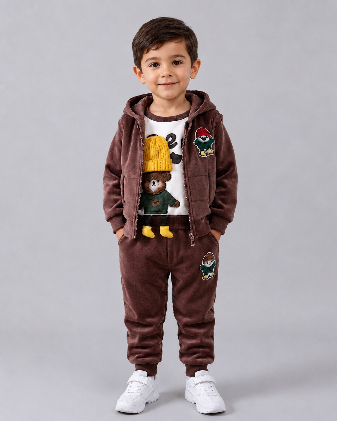 Conjunto Niño Invierno 3 Piezas Osito Bordado y Chaleco con Capucha