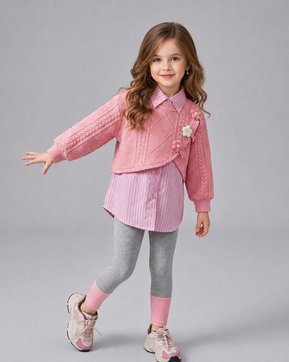 Conjunto Niña 3 Piezas Otoño Invierno Flores Bordadas