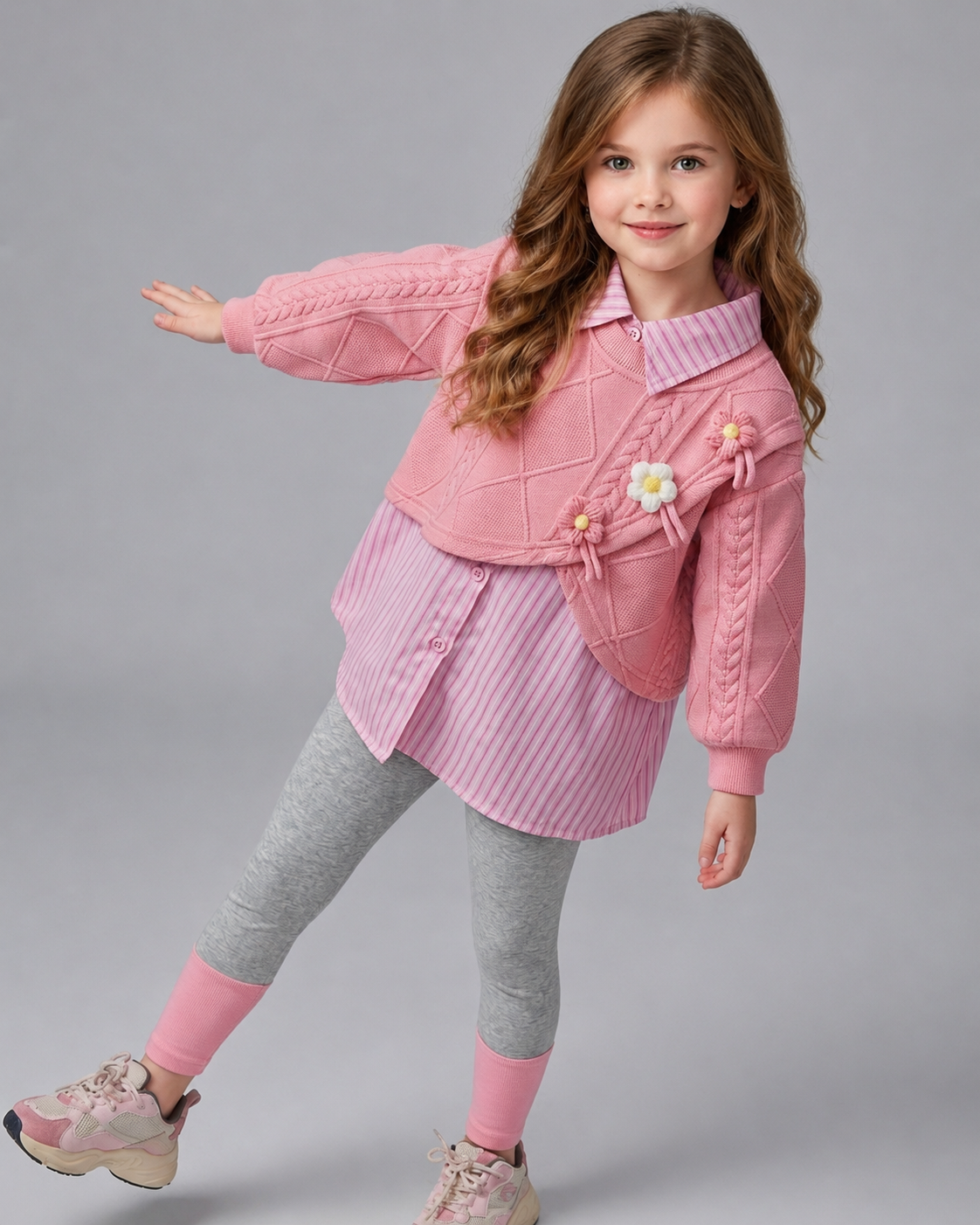 Conjunto Niña 3 Piezas Otoño Invierno Flores Bordadas