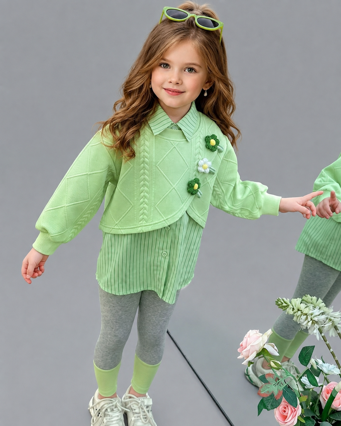 Conjunto Niña 3 Piezas Otoño Invierno Flores Bordadas