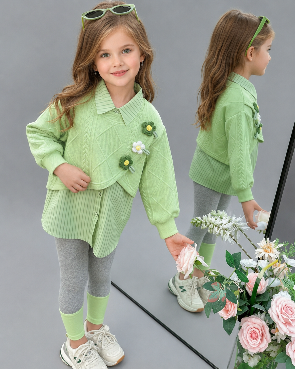 Conjunto Niña 3 Piezas Otoño Invierno Flores Bordadas