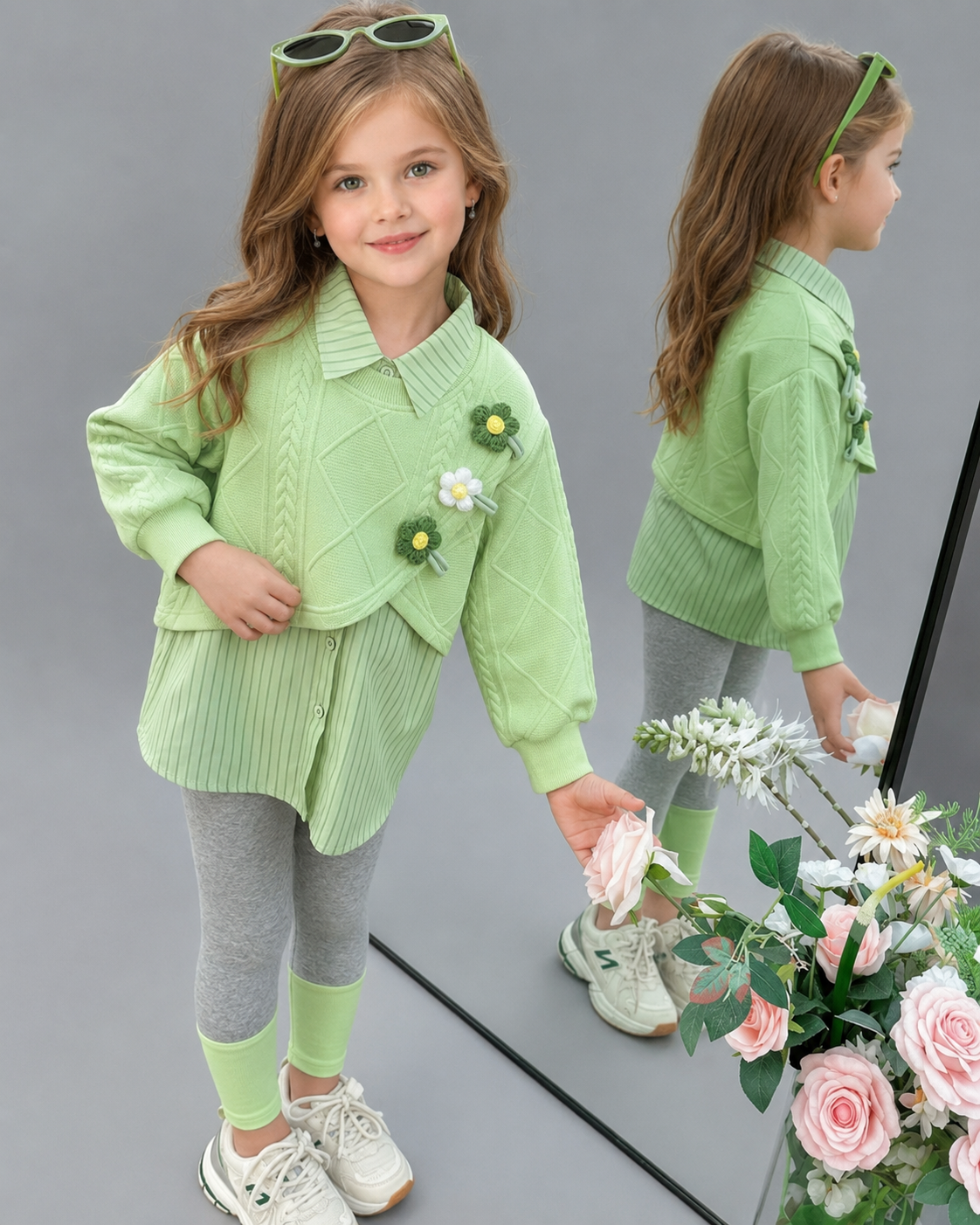 Conjunto Niña 3 Piezas Otoño Invierno Flores Bordadas