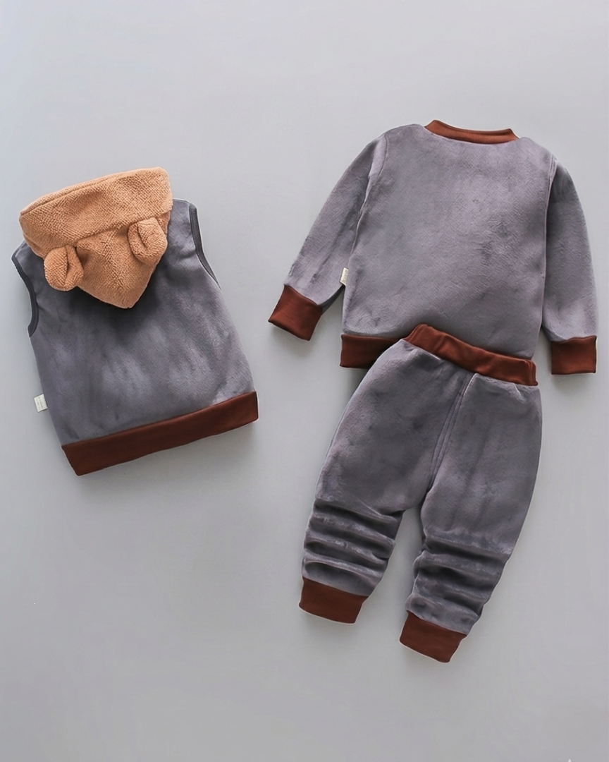 Conjunto niño invierno 3 piezas ropa infantil con osito bordado y chaleco con capucha , Ideal para clima otoñal en España