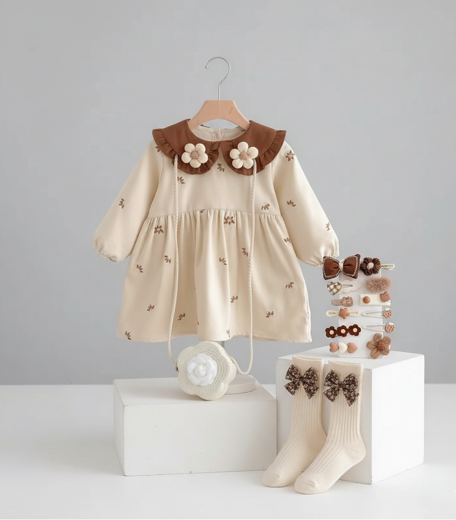 Vestido para niñas decorado con flores, con bolso a juego, calcetas y accesorios para el cabello