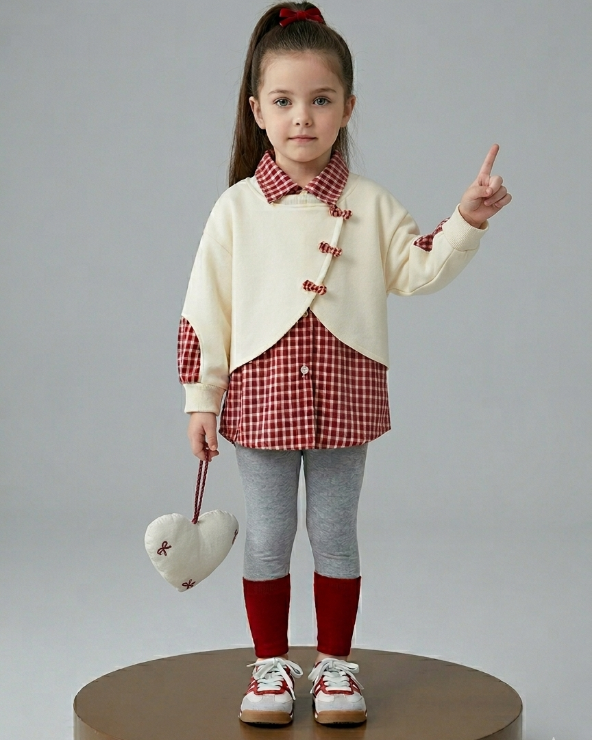 Conjunto niña 3 piezas ropa bebé niña elegante cuadros rojos y suéter crema con leggings de algodón en España