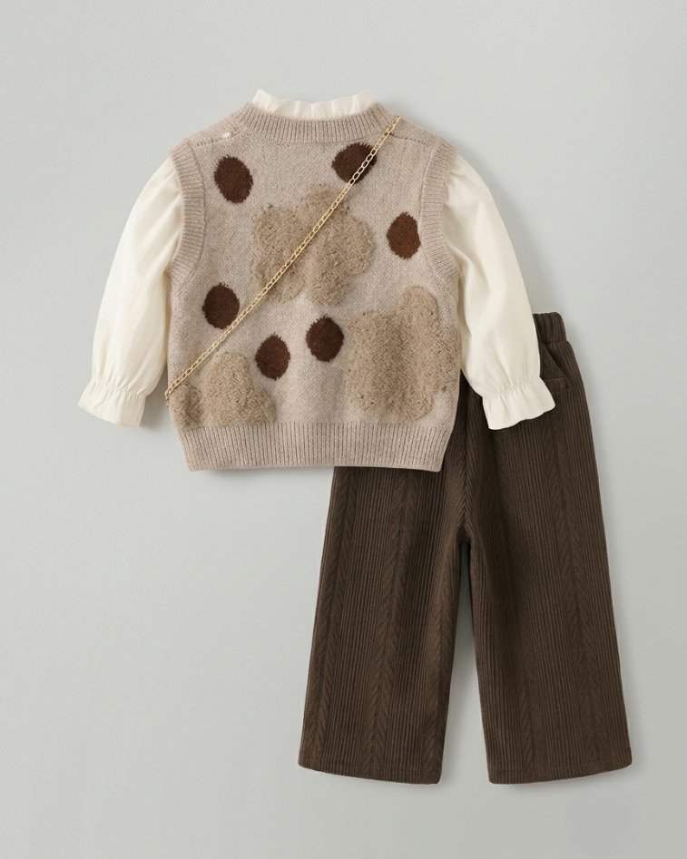 Conjunto niña invierno 3 piezas chaqueta tejida y pantalón de terciopelo con bolso,Ideal para clima otoñal en España