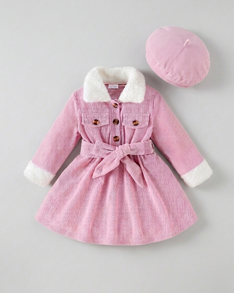 Abrigo de invierno para niña con cuello de pelo suave, cinturón elegante y gorro a juego looks elegantes y en España