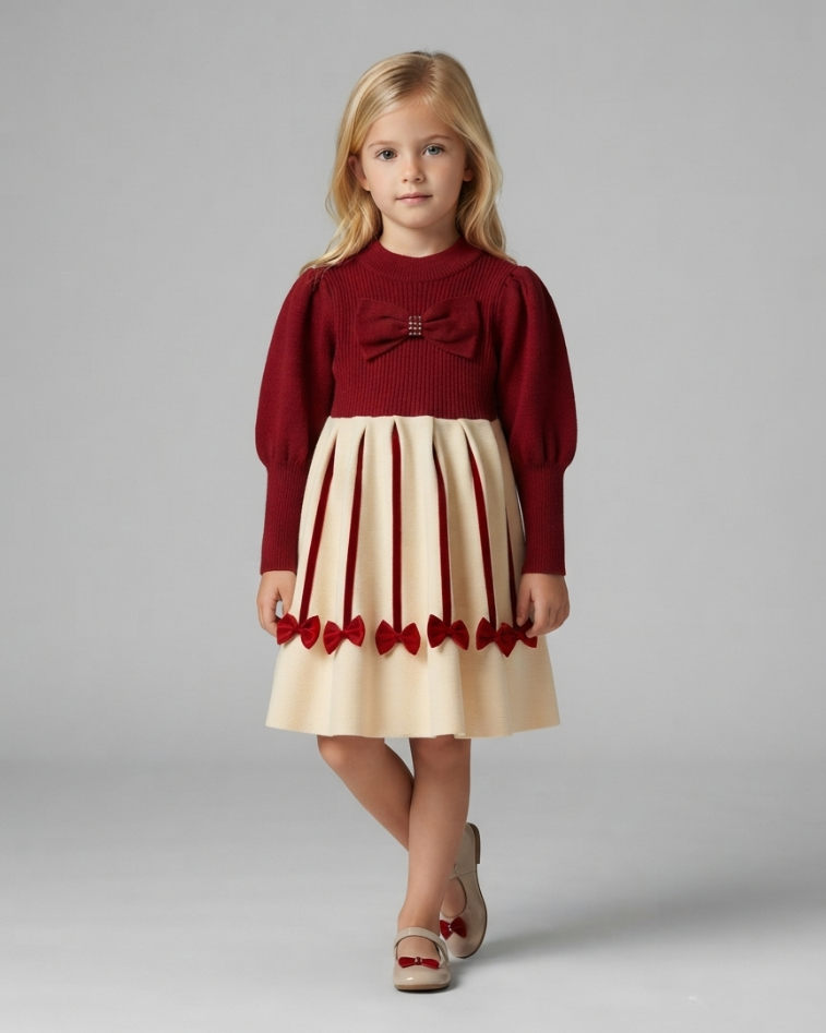 Vestido Niña Invierno Lazos Satén y Cuello Alto