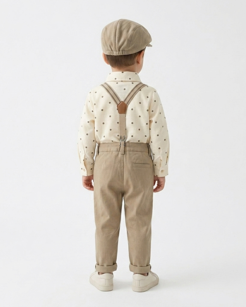 Conjunto bebé niño elegante de 4 piezas con body, pantalón con tirantes, corbata y gorra en España