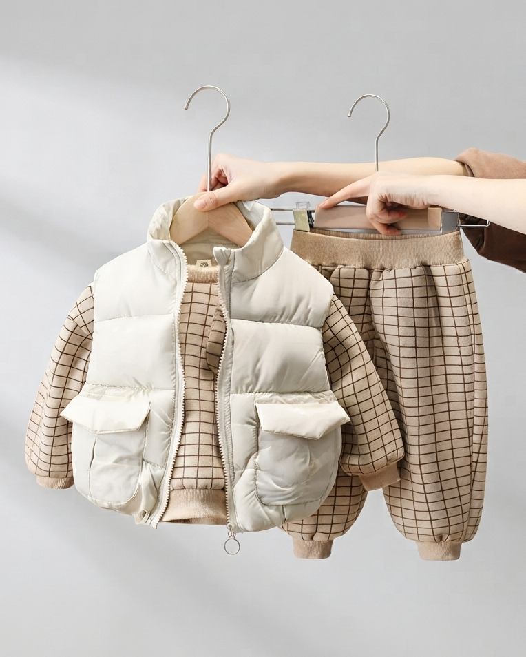 Conjunto Bebé Niño Invierno 3 Piezas  Chaqueta Acolchada, Suéter y Pantalón