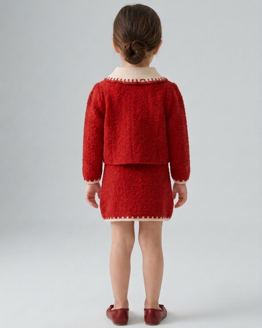 Conjunto niña invierno punto 2 piezas suéter y falda roja elegante ropa infantil,Ideal para clima otoñal en España