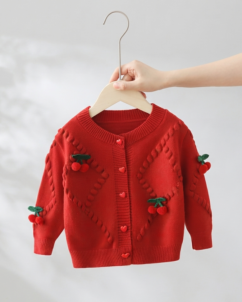 Cárdigan Infantil de Punto con Bordados de Cerezas y Botones de Corazón